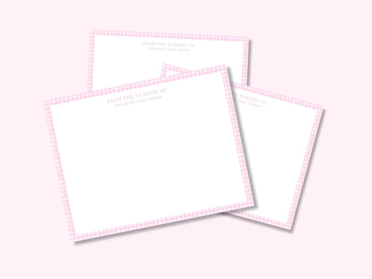 Personalized pink gingham baby girl stationery set