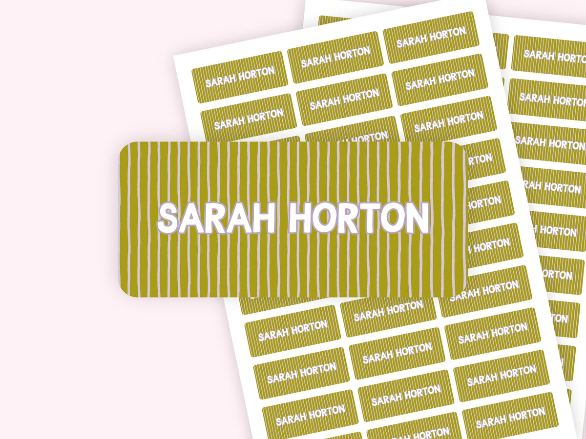Personalized name label stickers - Green and Purple Stripes